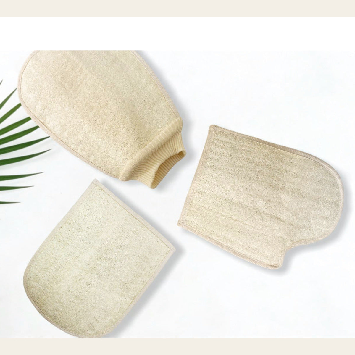  Set of 3 natural loofah exfoliating bath mitts with eco-friendly palm leaf background for body scrub by xuraneco