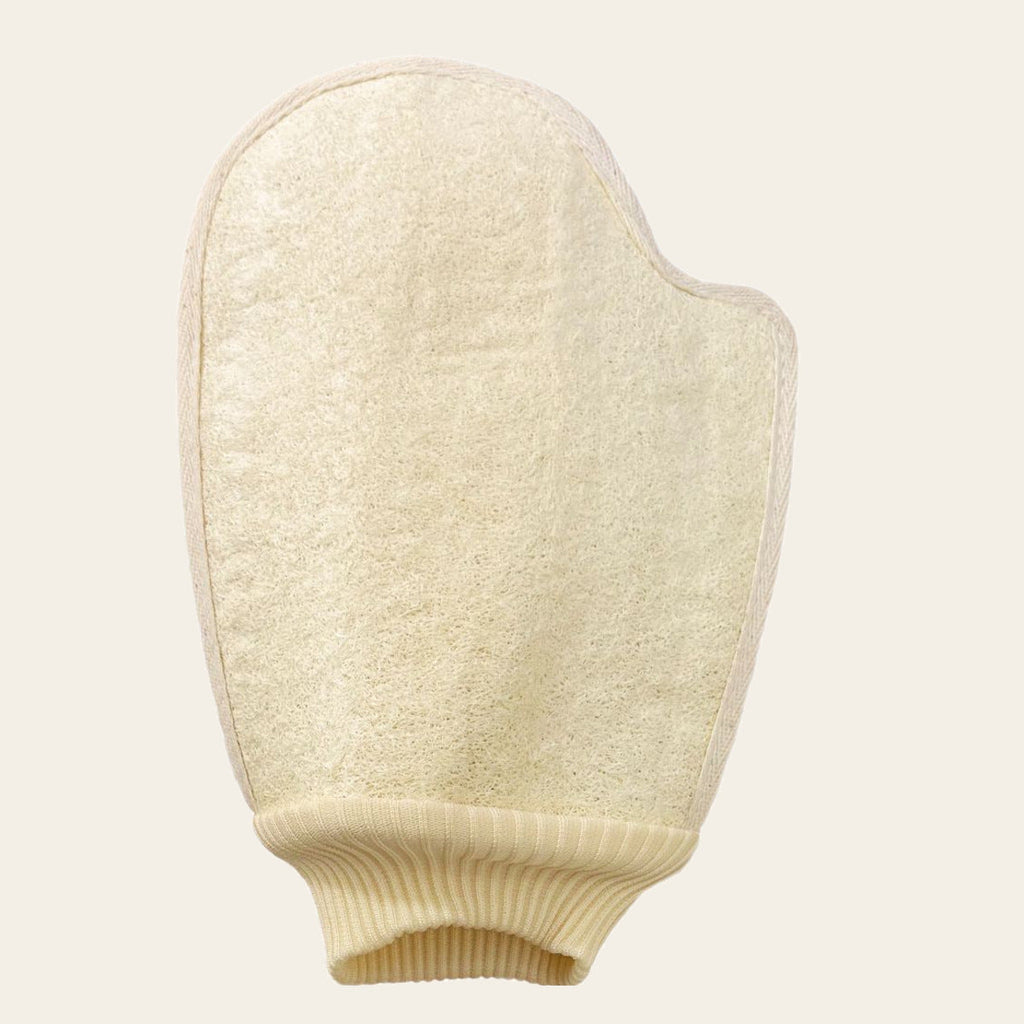 Natural loofah body scrubber glove with elastic wrist cuff for gentle shower exfoliation