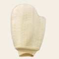 Natural loofah body scrubber glove with elastic wrist cuff for gentle shower exfoliation