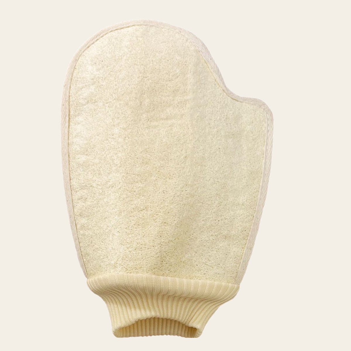 Natural loofah body scrubber glove with elastic wrist cuff for gentle shower exfoliation