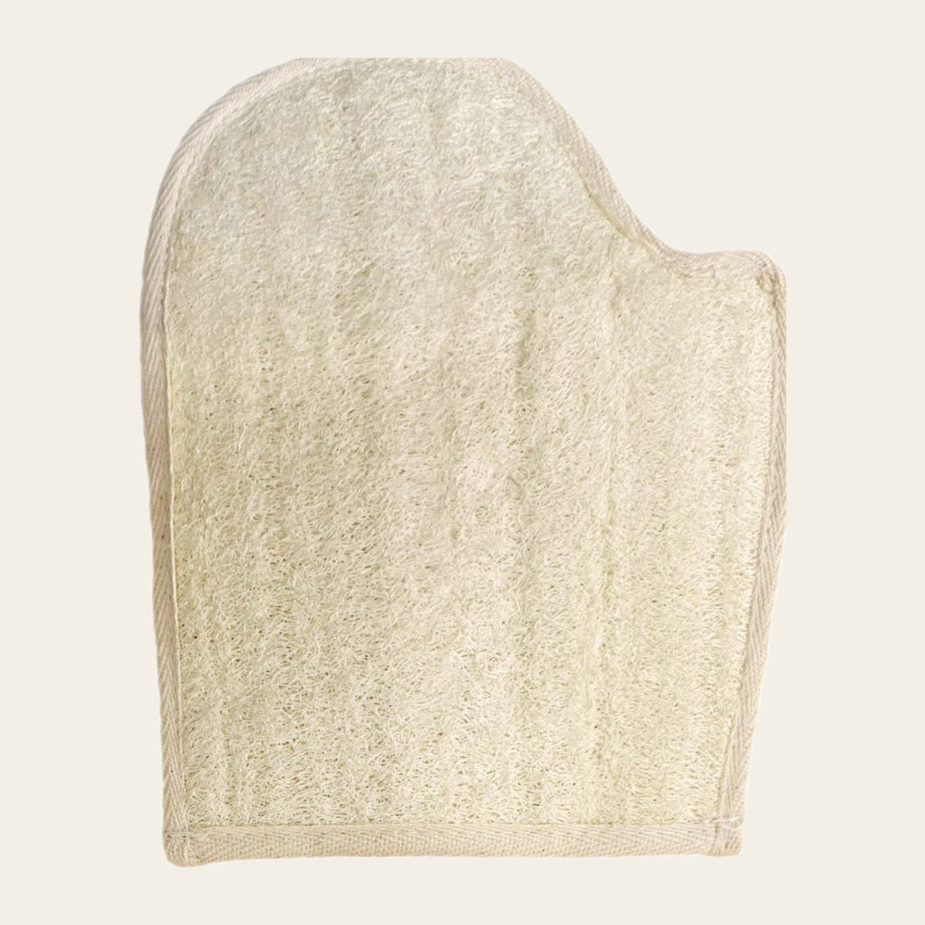 Eco-friendly loofah exfoliating mitt with thumb design for comfortable body scrub