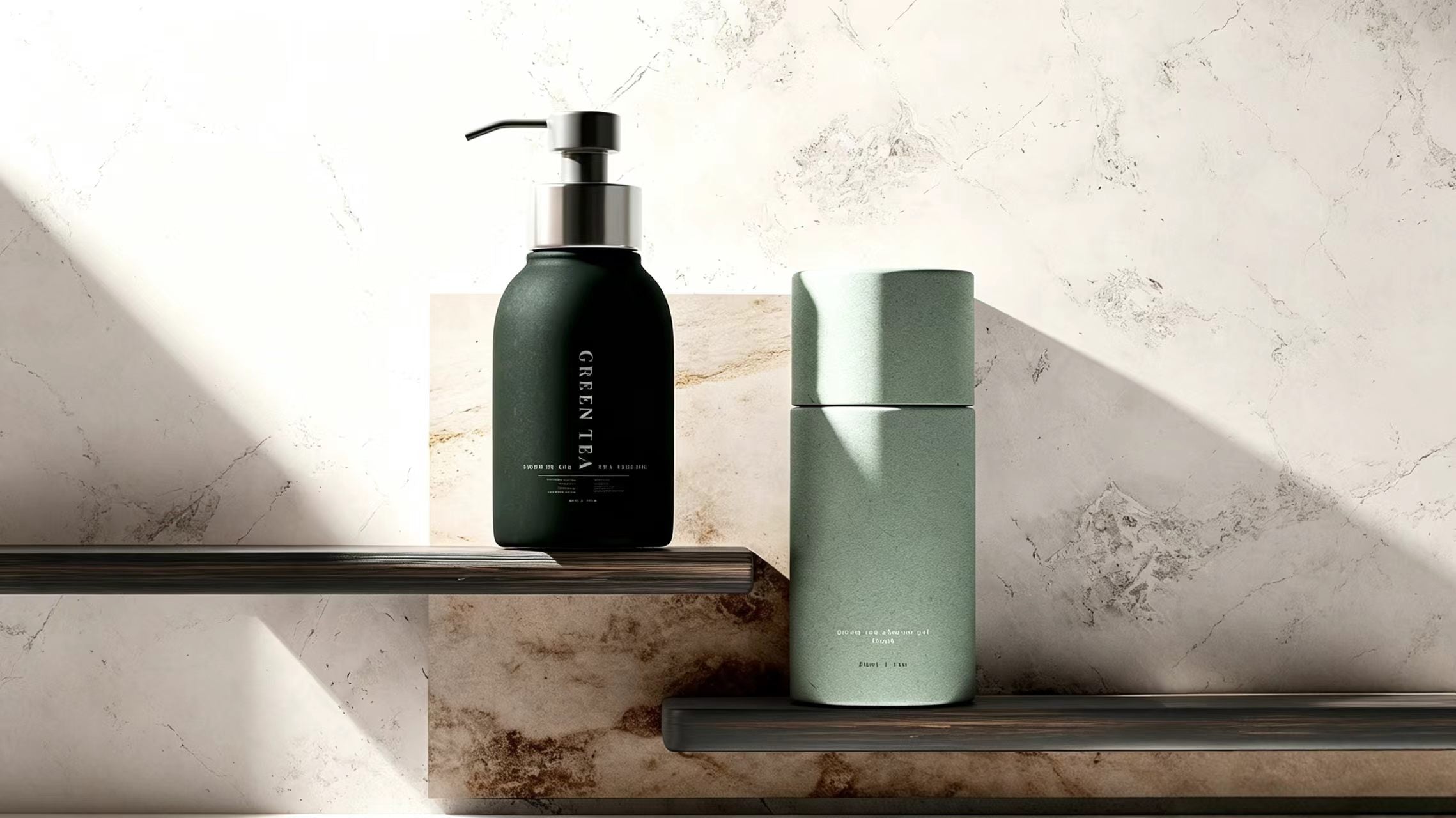 Bespoke sustainable cosmetics packaging featuring an elegant dark green skincare bottle and a light green cylindrical paper gift box on a warm cream background.
