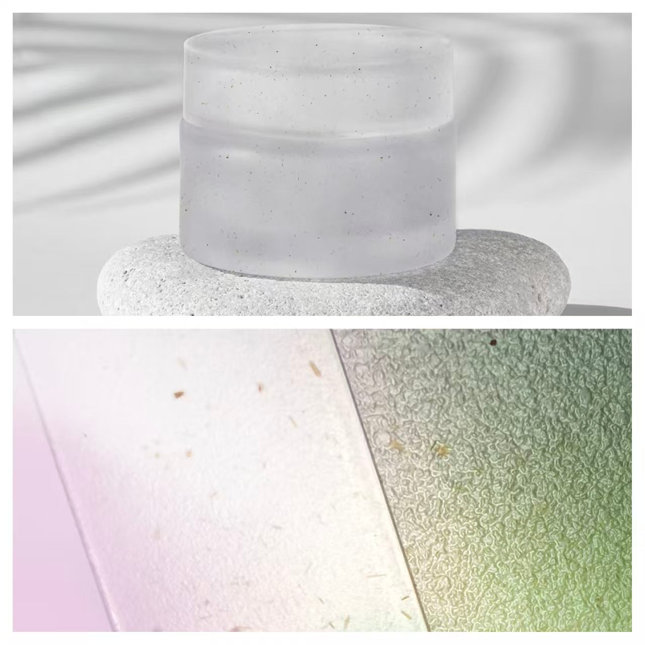 A combination image showing a translucent frosted bio-based skincare jar on a white stone, and a macro close-up of the sustainable plant fiber texture below.