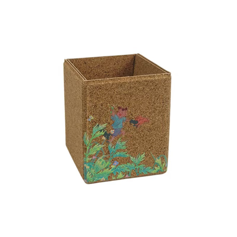Solid brown mugwort fiber square pen holder, plastic-free non-toxic  ancient Chinese kid print pencil & makeup brush organizer
