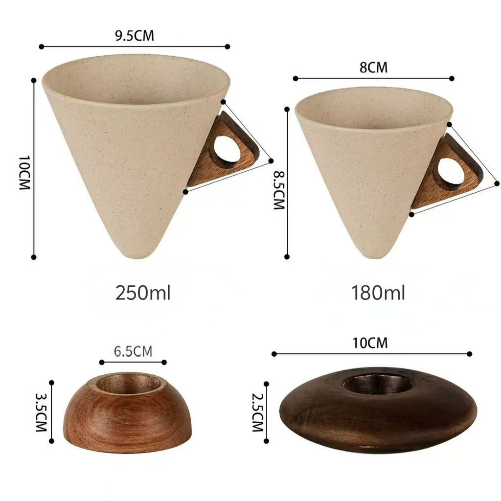 Product size chart of handmade ceramic coffee dripper, small 180ml & large 250ml, two wooden base options: round bulb base and flying saucer base 