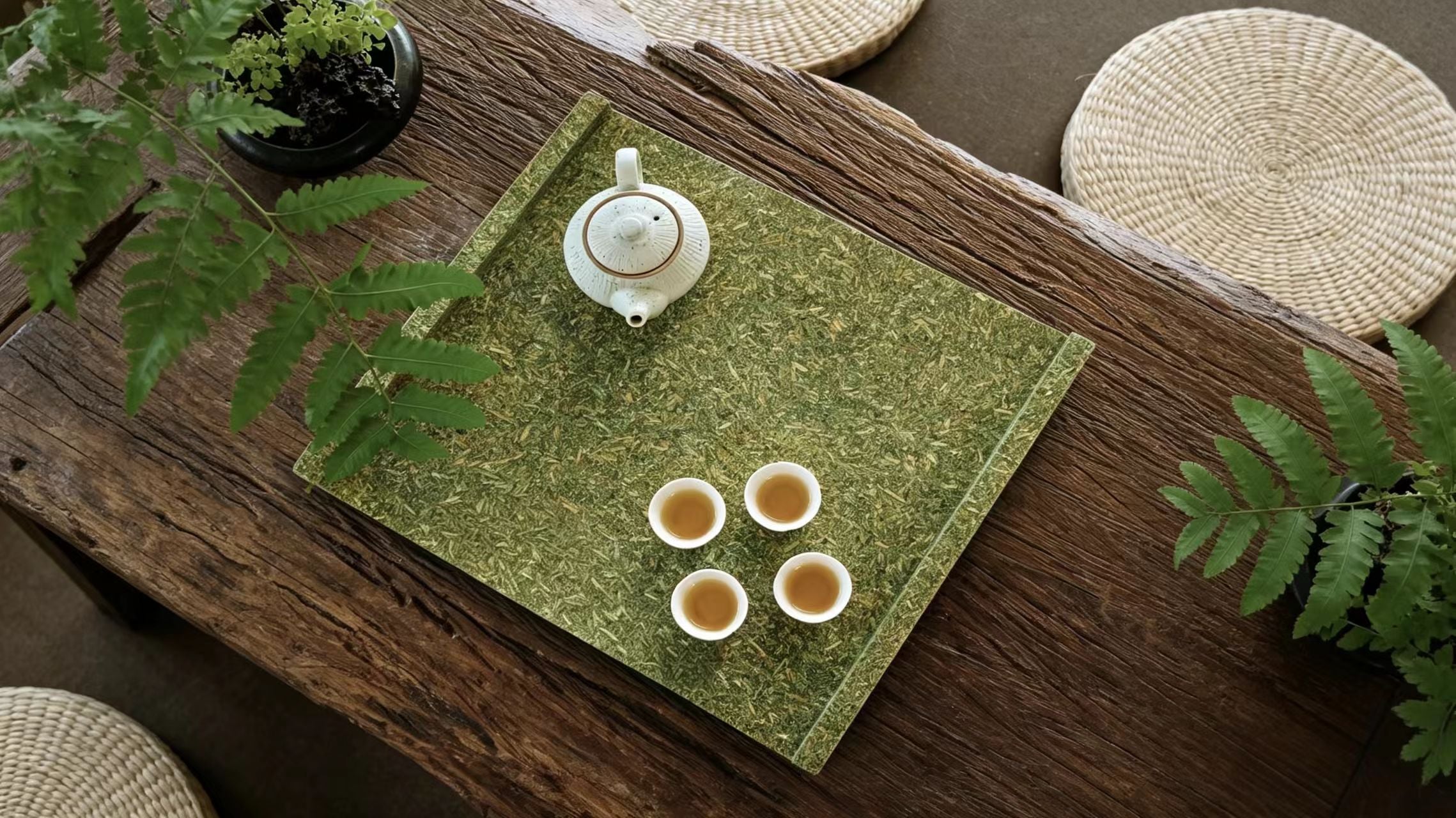 Top-down view of a minimalist serving tray made from compressed tea-fiber board, holding a white ceramic teapot and four teacups on a rustic wooden table.⁠