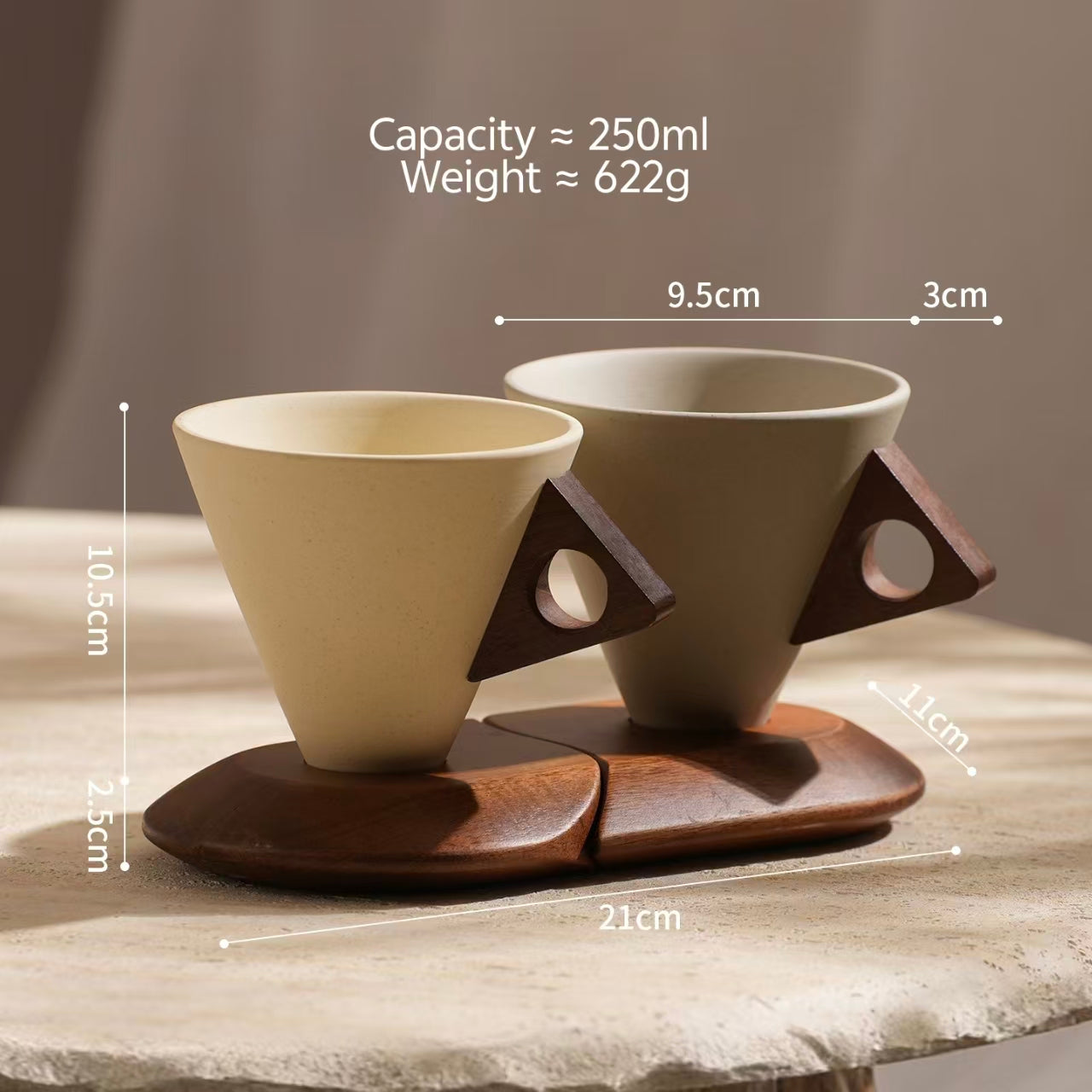 Dimension diagram of 250ml geometric cone stoneware coffee cup set with wooden handle and stand