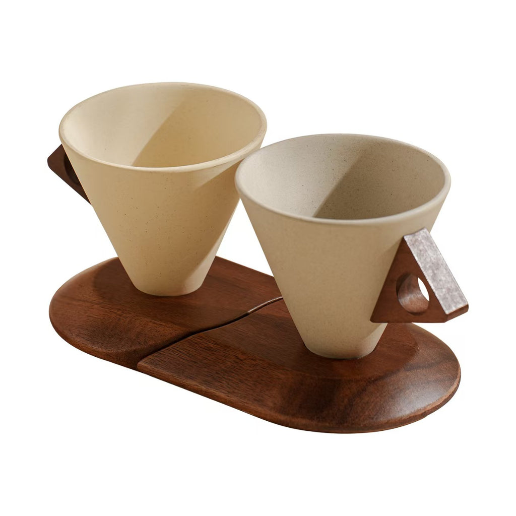 Geometric cone stoneware coffee cup set with wooden handle & split wooden coaster stand, 250ml minimalist home cafe tableware