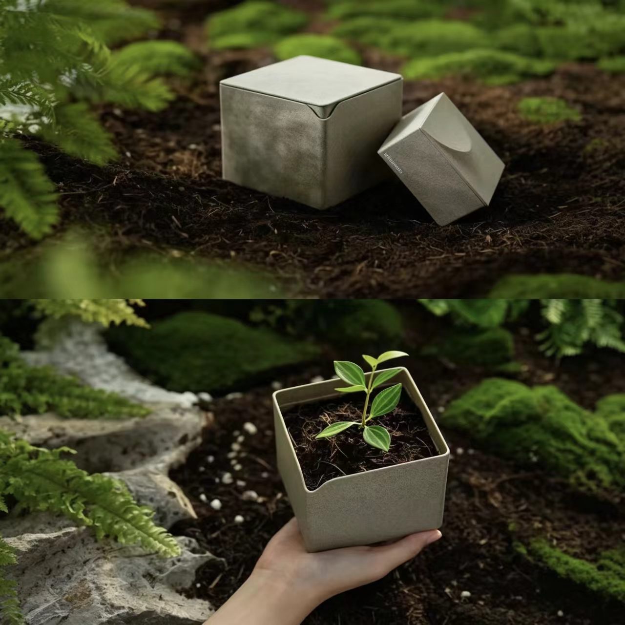A two-panel visual displaying the zero-waste product lifecycle of custom tea-fiber bio-composite packaging. The top panel shows a minimalist rigid eco-friendly box on mossy soil, and the bottom panel shows the biodegradable container being reused as a plant pot with a green sprout growing out of it, demonstrating sustainable B2B packaging solutions.