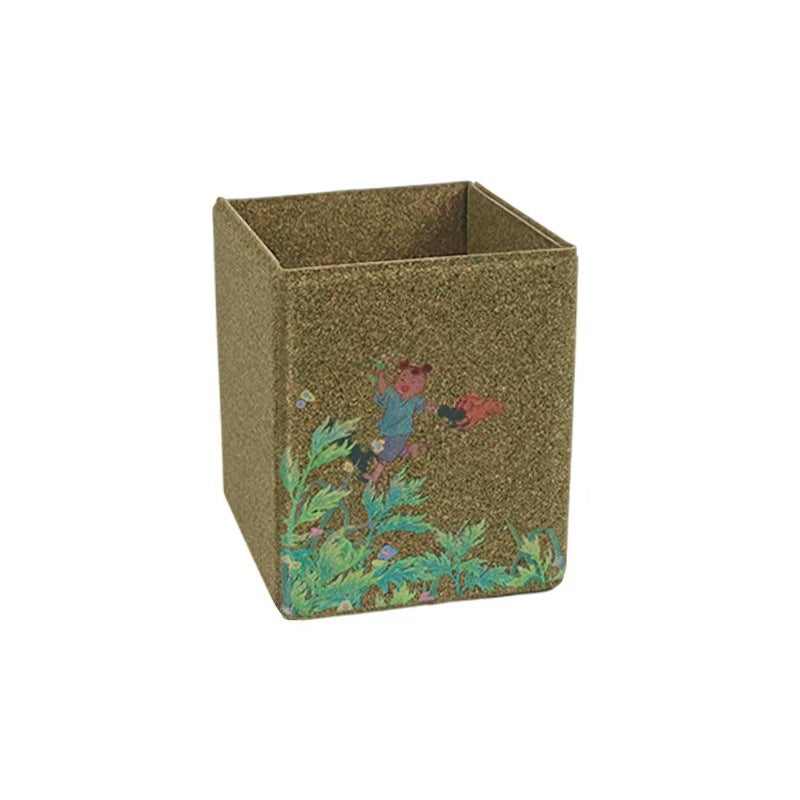 green square pen holder made of natural recycled mugwort fiber, plastic-free non-toxic traditional Chinese kid herbal print, desk pencil & makeup brush organizer zero plastic home decor