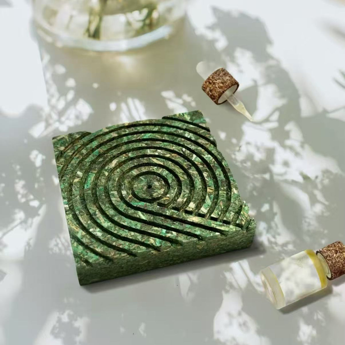 Green tea fiber pressed panel aroma diffuser tile with glass essential oil dropper