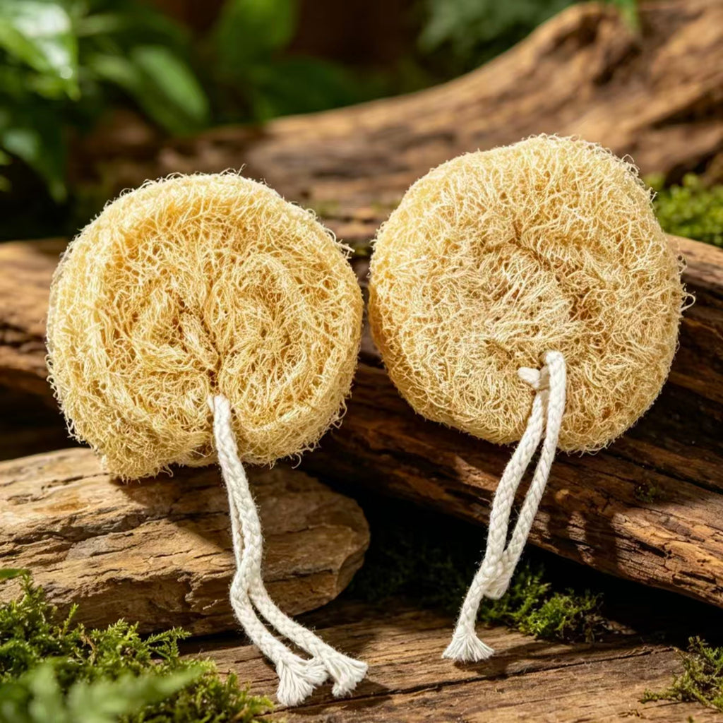 Natural Loofah Bath Sponge Disc on Wood Log, Plant-based Plastic-Free Body Exfoliator