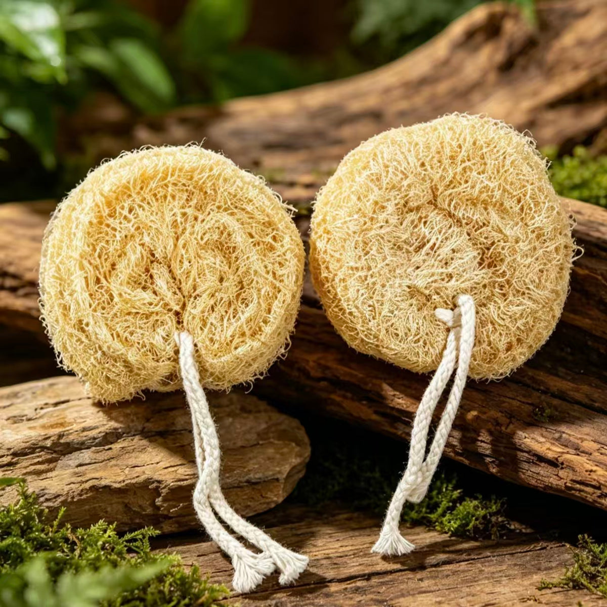 Natural Loofah Bath Sponge Disc on Wood Log, Plant-based Plastic-Free Body Exfoliator