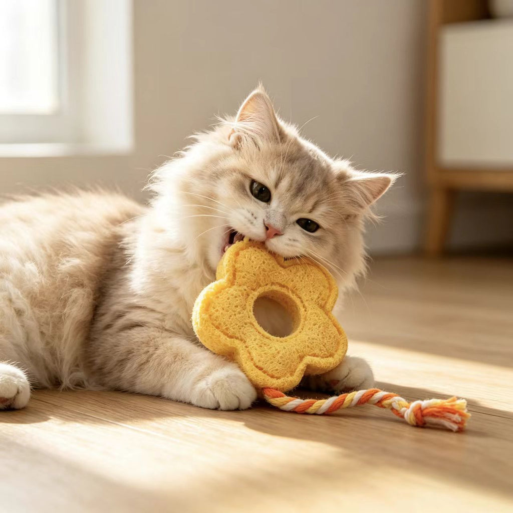 Fluffy cat chewing natural loofah flower toy, lifestyle shot of eco-friendly cat dental chew toy
