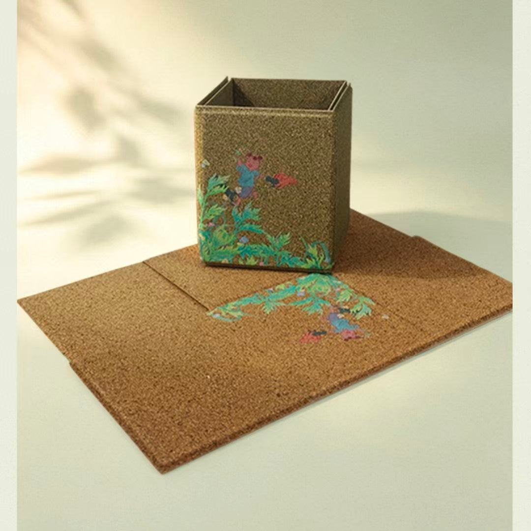 Foldable blank panel mugwort fiber square pen holder, plastic-free desktop pencil storage pot with herbal print

