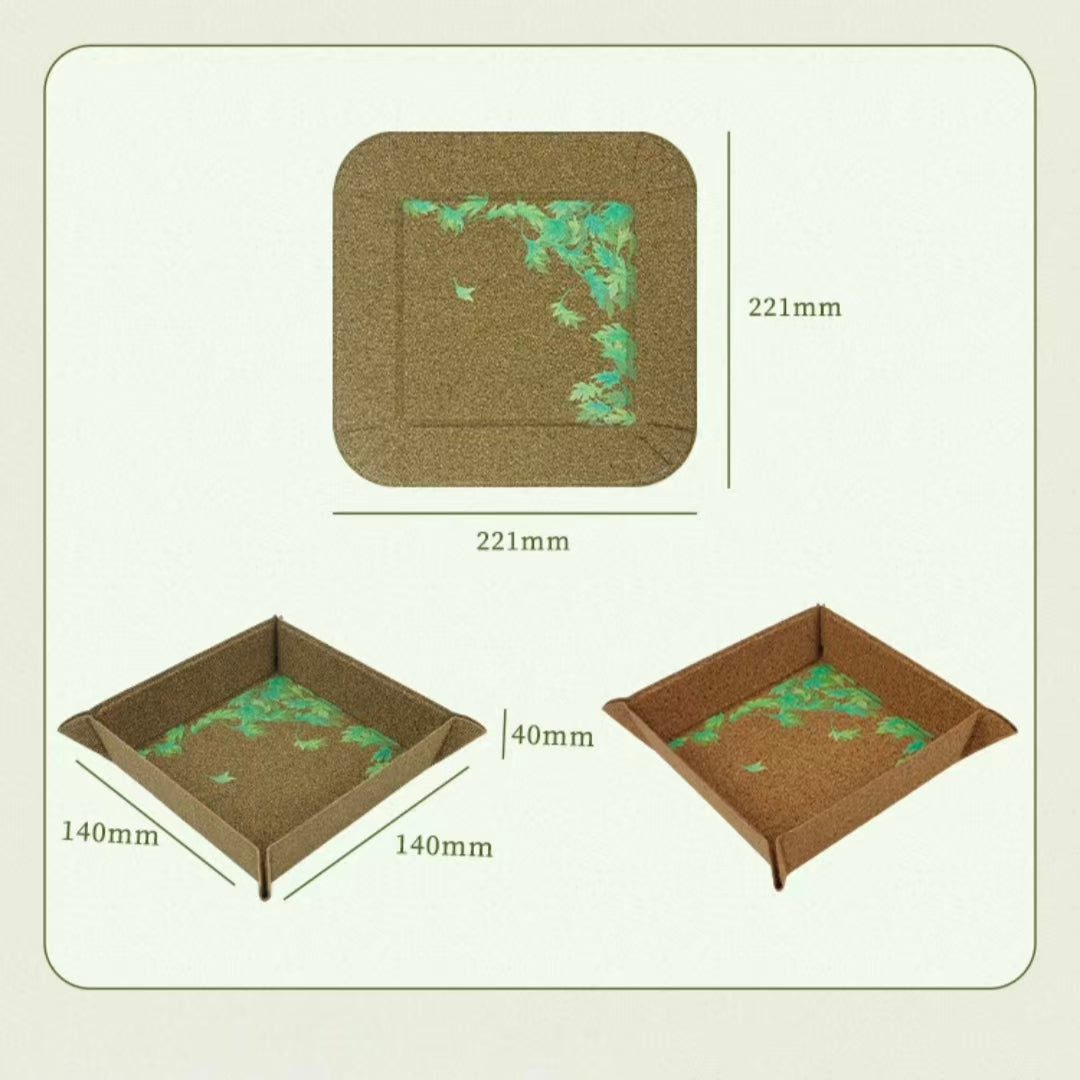 Dimension diagram of foldable mugwort fiber square vanity tray, plastic-free non-toxic green leaf print jewelry sundries storage dish