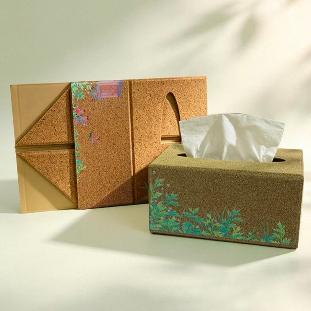 Foldable mugwort fiber tissue box, plastic-free napkin storage box with Chinese herbal print, eco home desk decor
