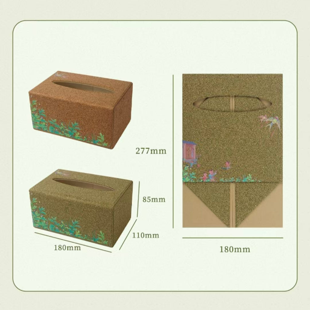 Die cut size chart for foldable mugwort fiber tissue box, two color plastic-free non-toxic herbal print desktop napkin storage box
