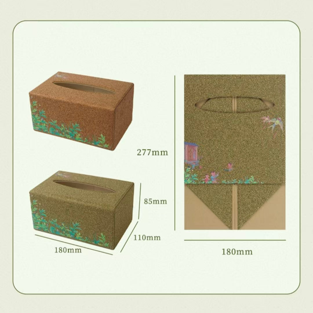 Die cut size chart for foldable mugwort fiber tissue box, two color plastic-free non-toxic herbal print desktop napkin storage box
