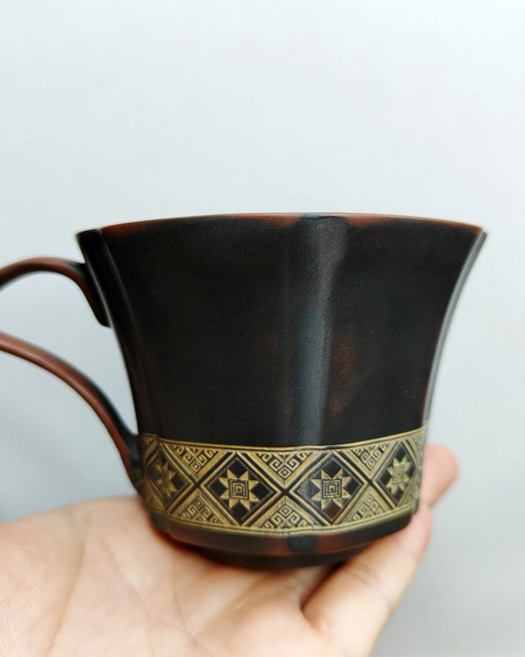 Handmade Nixing Pottery Coffee Cup (200ml) | Carved Unglazed Ceramic Mug