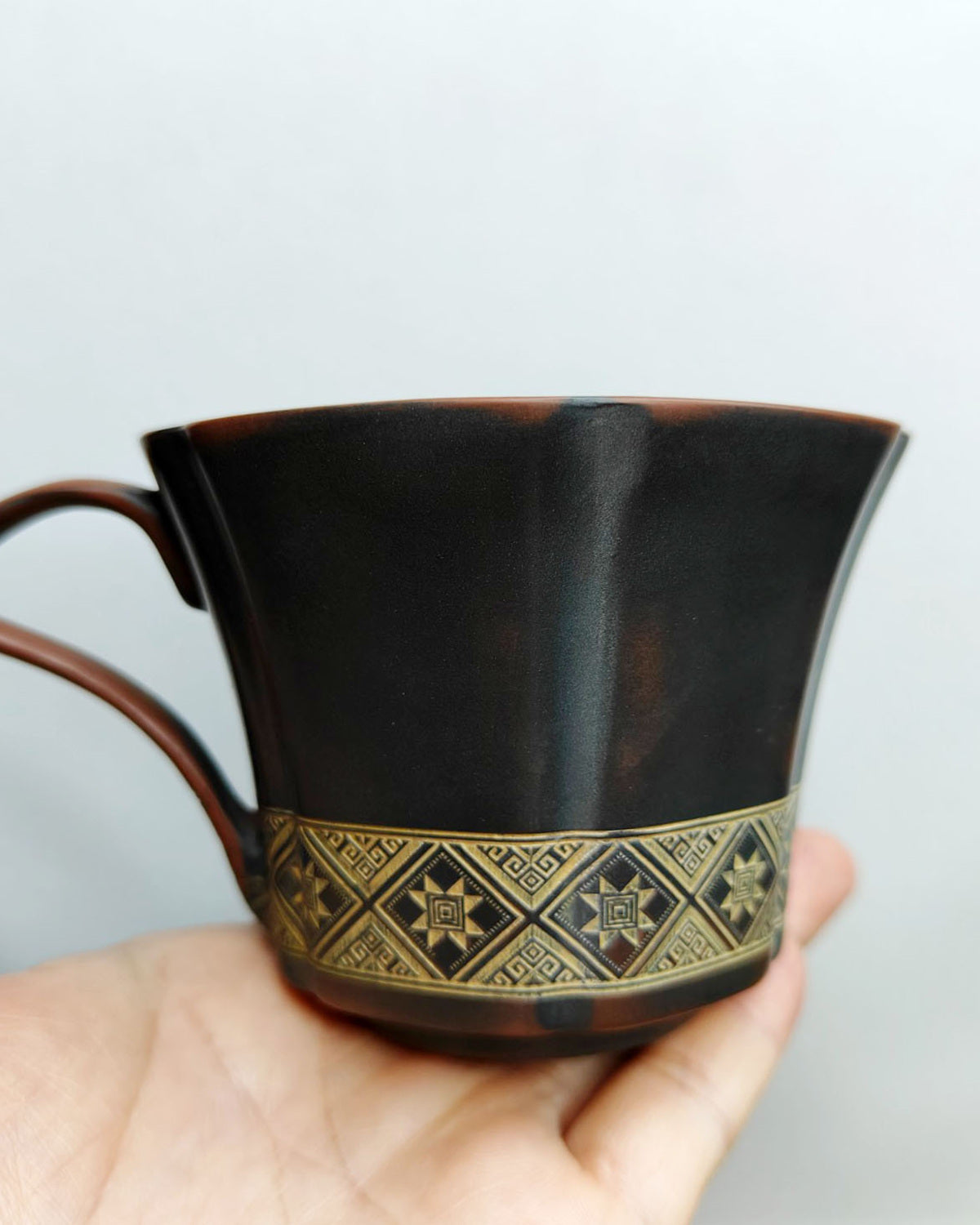 Handmade Nixing Pottery Coffee Cup (200ml) | Carved Unglazed Ceramic Mug