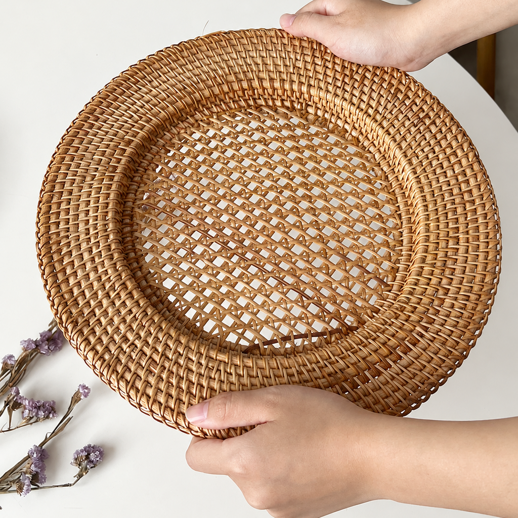 Hands holding a large eco-friendly woven rattan charger plate over white table with dried flowers