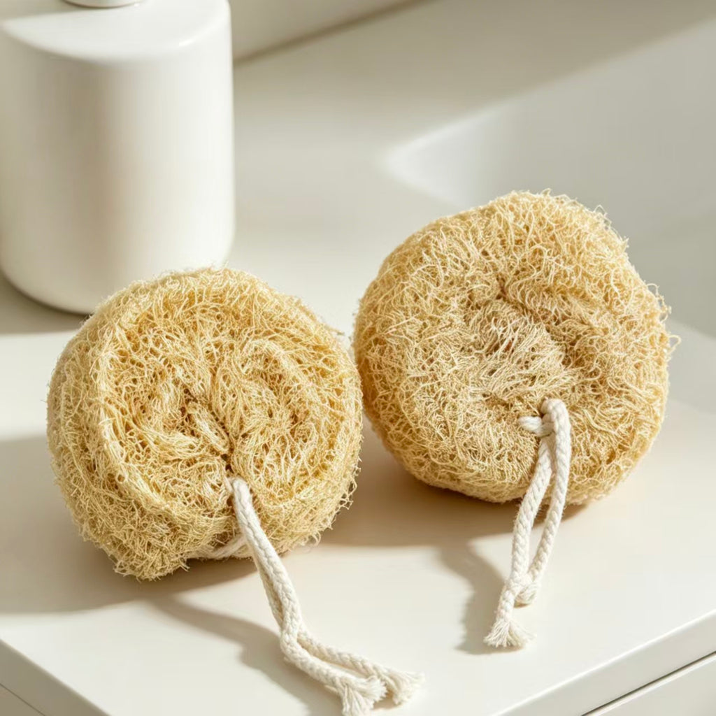 Natural Loofah Disc Sponge Placed On Bathroom Counter, Zero Plastic Sustainable Shower Product