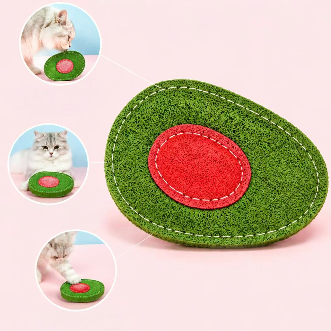 Cat playing with avocado loofah chew toy, natural eco pet toy
