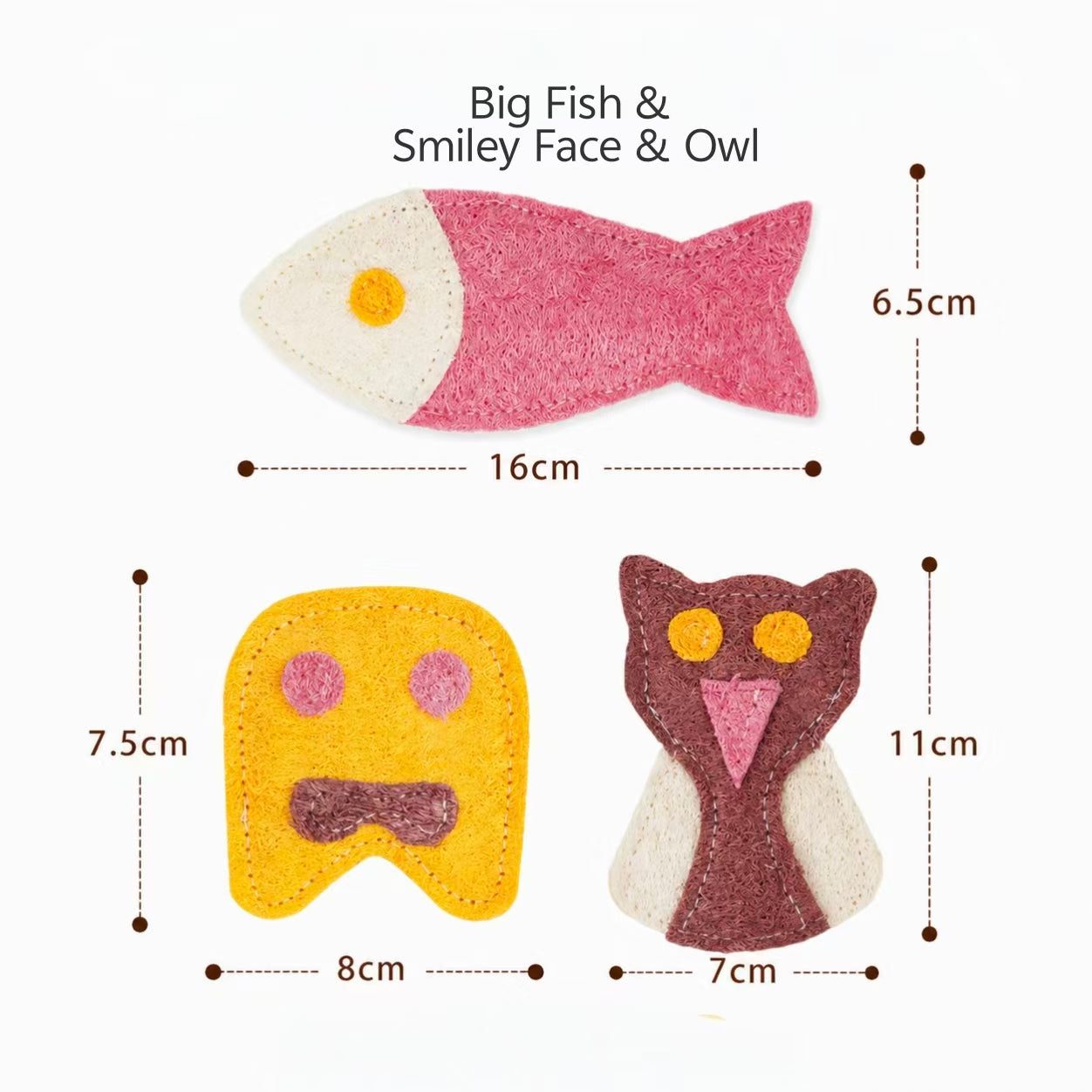 Big Fish Smiley Face Owl Natural Loofah Cat Chew Toy Size Guide, Eco Friendly Pet Play Accessories