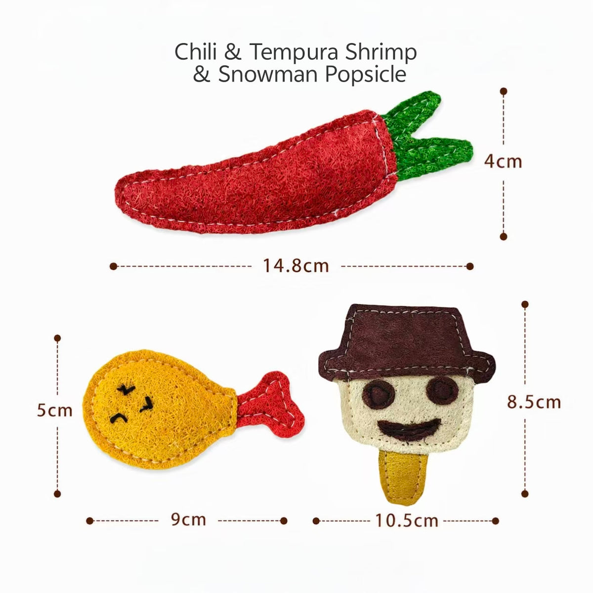 Chili Tempura Shrimp Snowman Popsicle Loofah Cat Toy Set Size Measurement, Food Shape Eco Pet Chew Toy