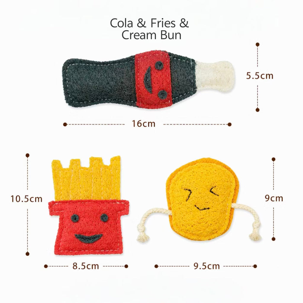Cola Fries Cream Bun Fast Food Shape Loofah Cat Toy Set Size Guide, Eco Pet Chewing Toy