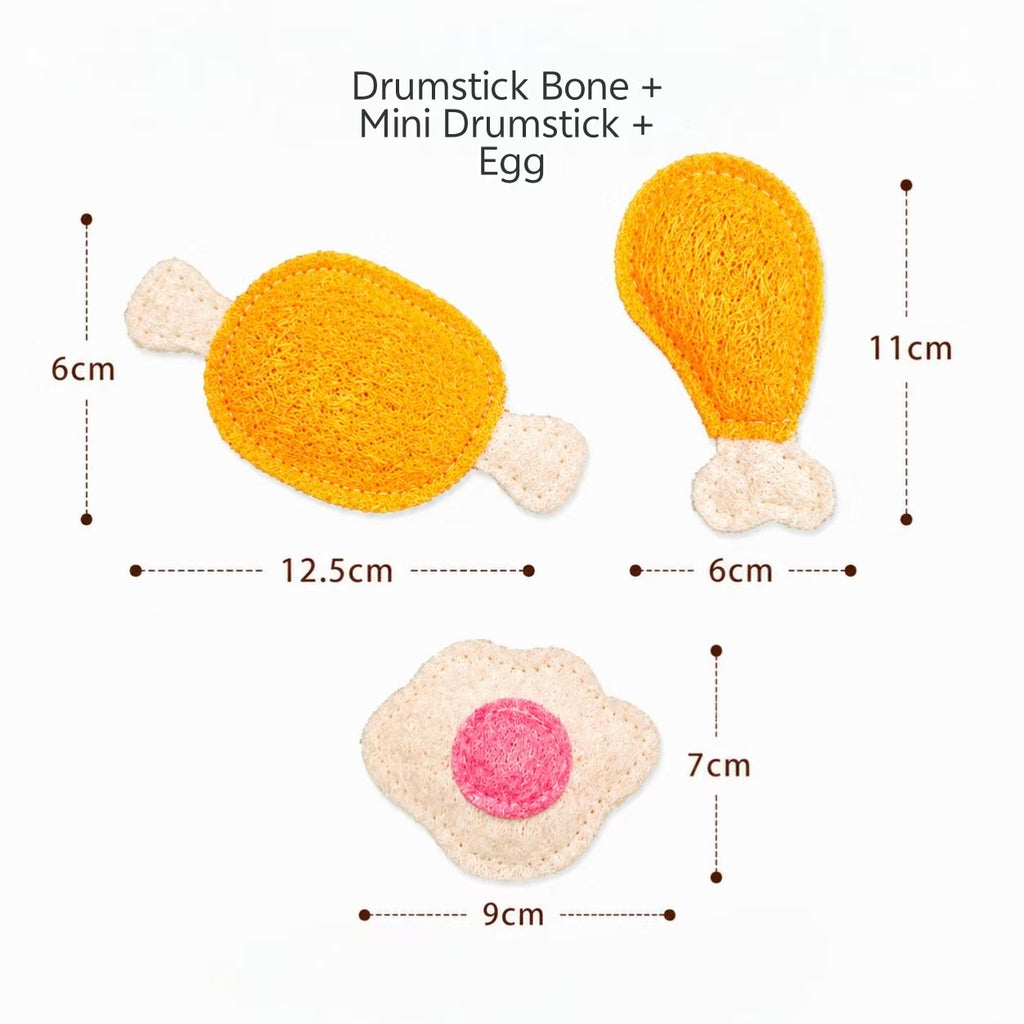 Drumstick Bone Mini Drumstick Fried Egg Loofah Cat Toy Set Size Measurement, Non Toxic Kitten Chew Toy