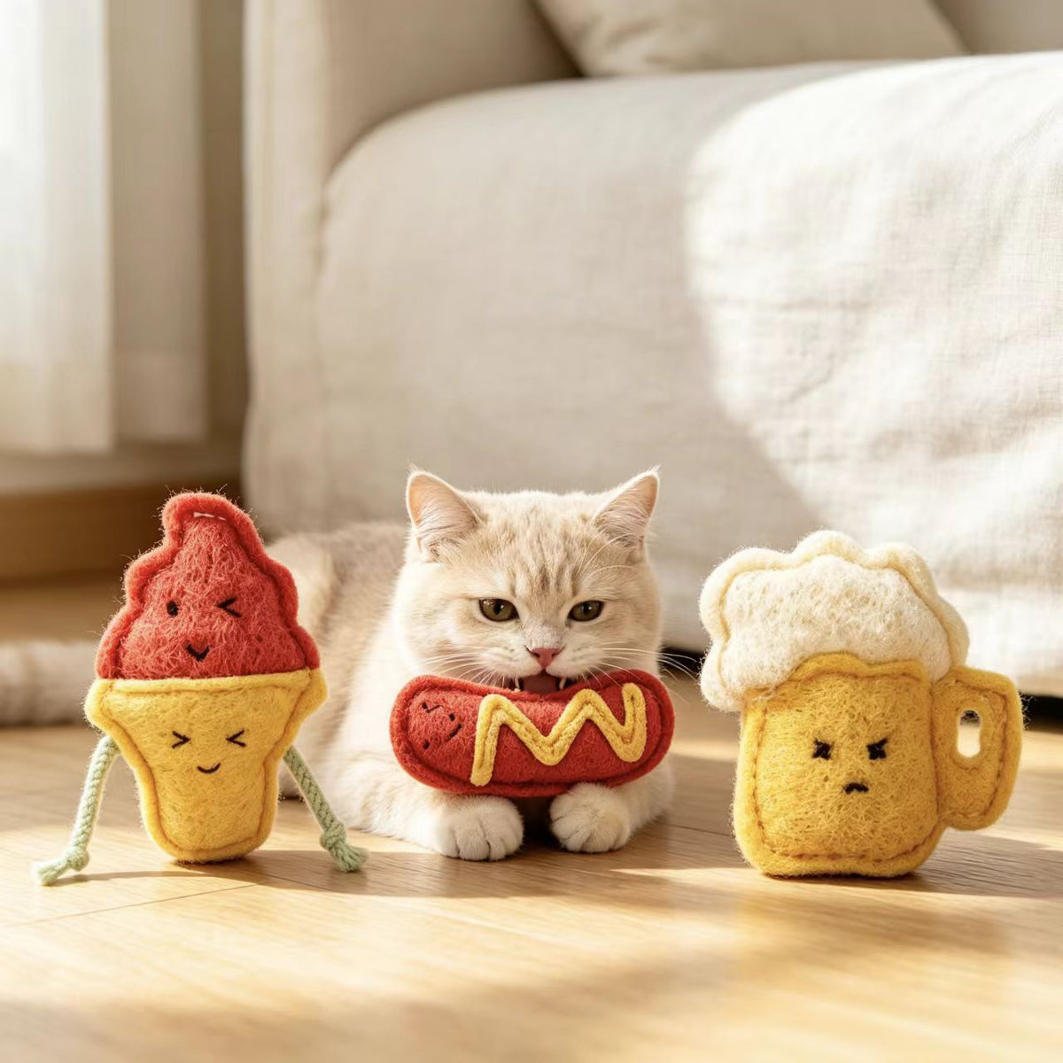 Eco natural loofah cat toys, ice cream, hot dog and beer mug design, interactive chew toys for indoor cat, sustainable pet supplies