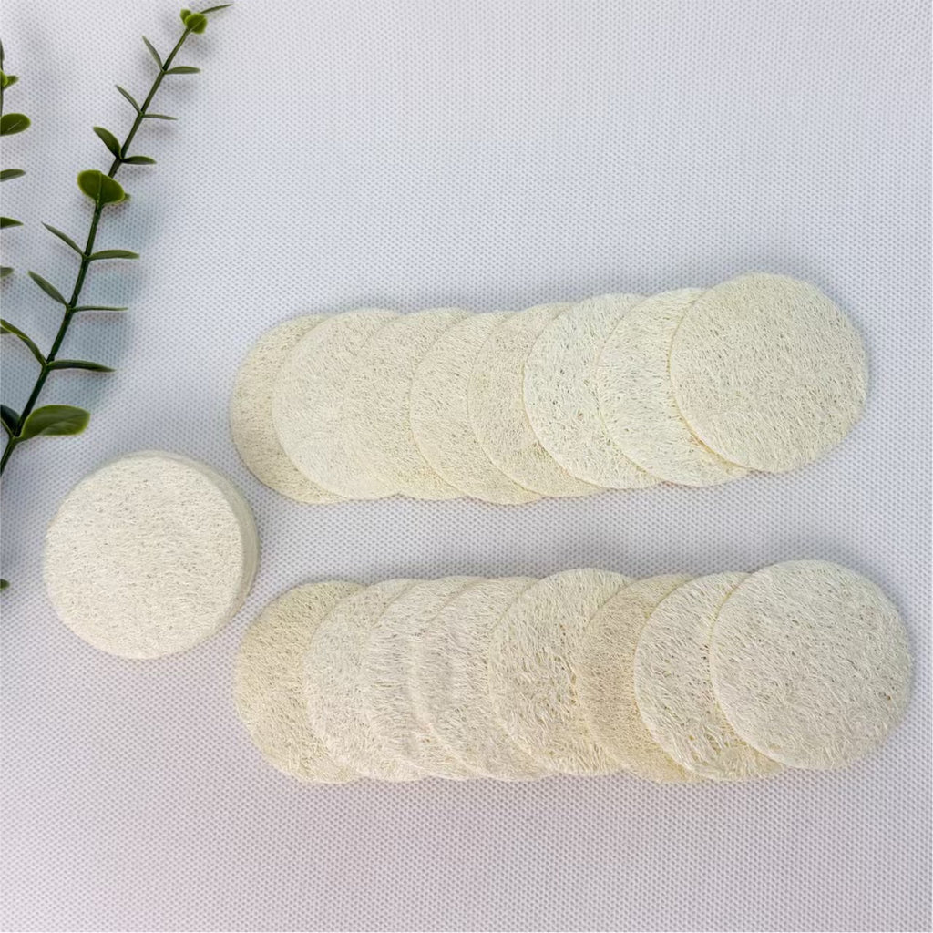 Aesthetic arrangement of round natural loofah cleansing pads, eco friendly zero waste skincare accessory