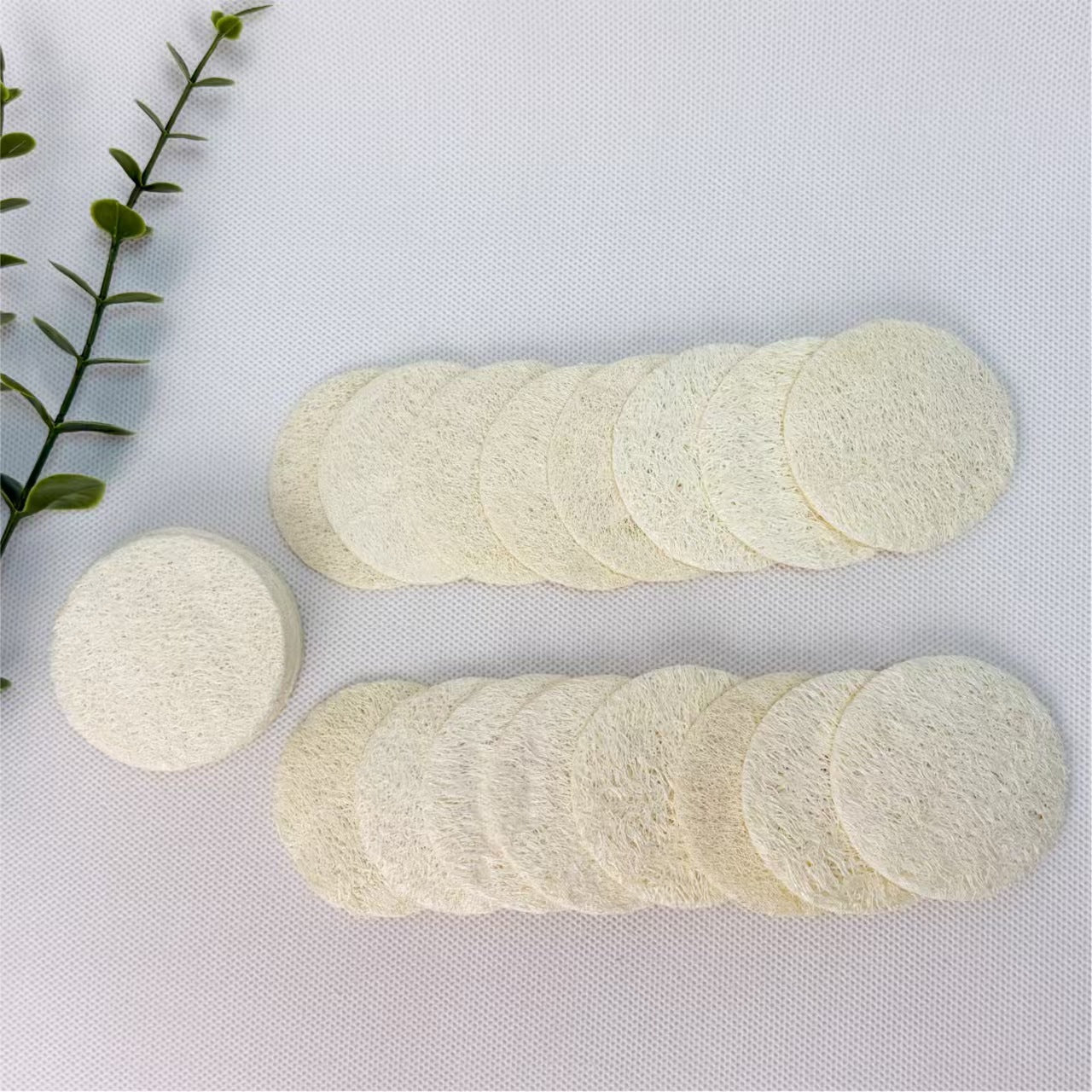 Aesthetic arrangement of round natural loofah cleansing pads, eco friendly zero waste skincare accessory