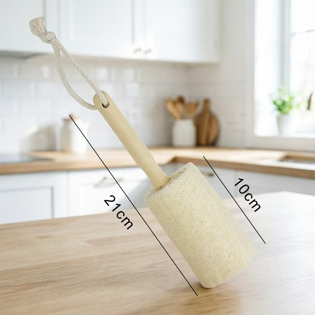 Size measurement of wooden handle loofah dish brush, total length 21cm for kitchen use
