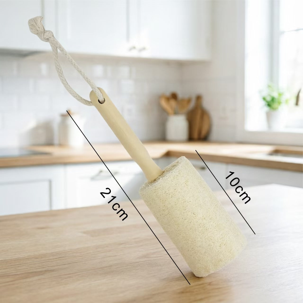 Size measurement of wooden handle loofah dish brush, total length 21cm for kitchen use
