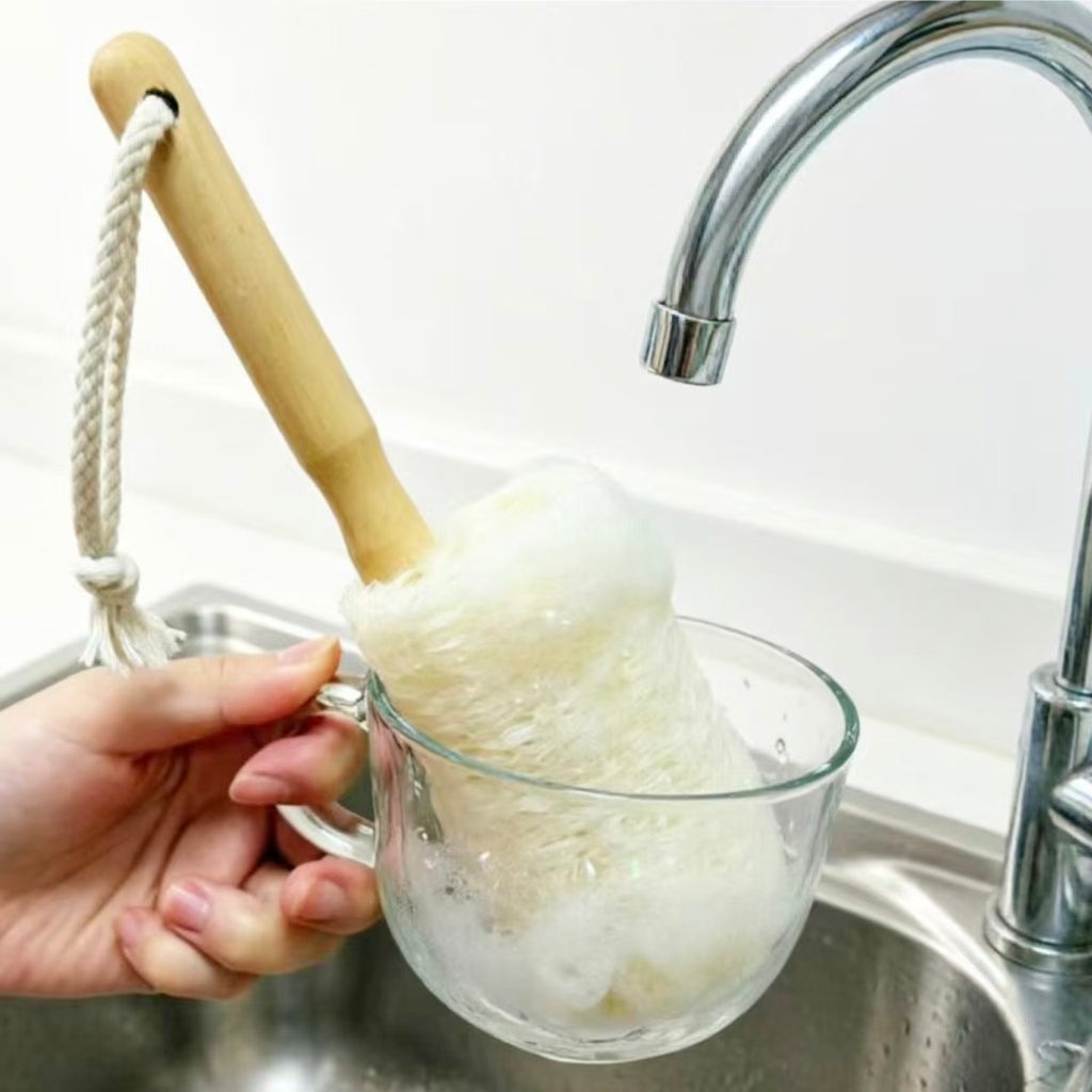 Natural loofah brush cleaning glass mug at kitchen sink, plastic free cup cleaner
