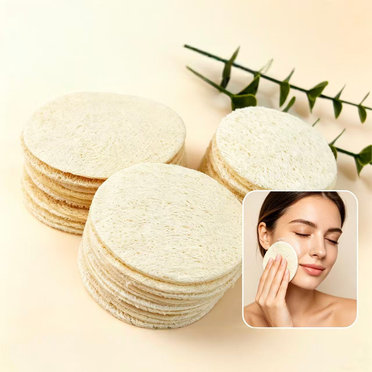 Woman using natural loofah pad for gentle facial cleansing and makeup removal, sustainable zero waste beauty
