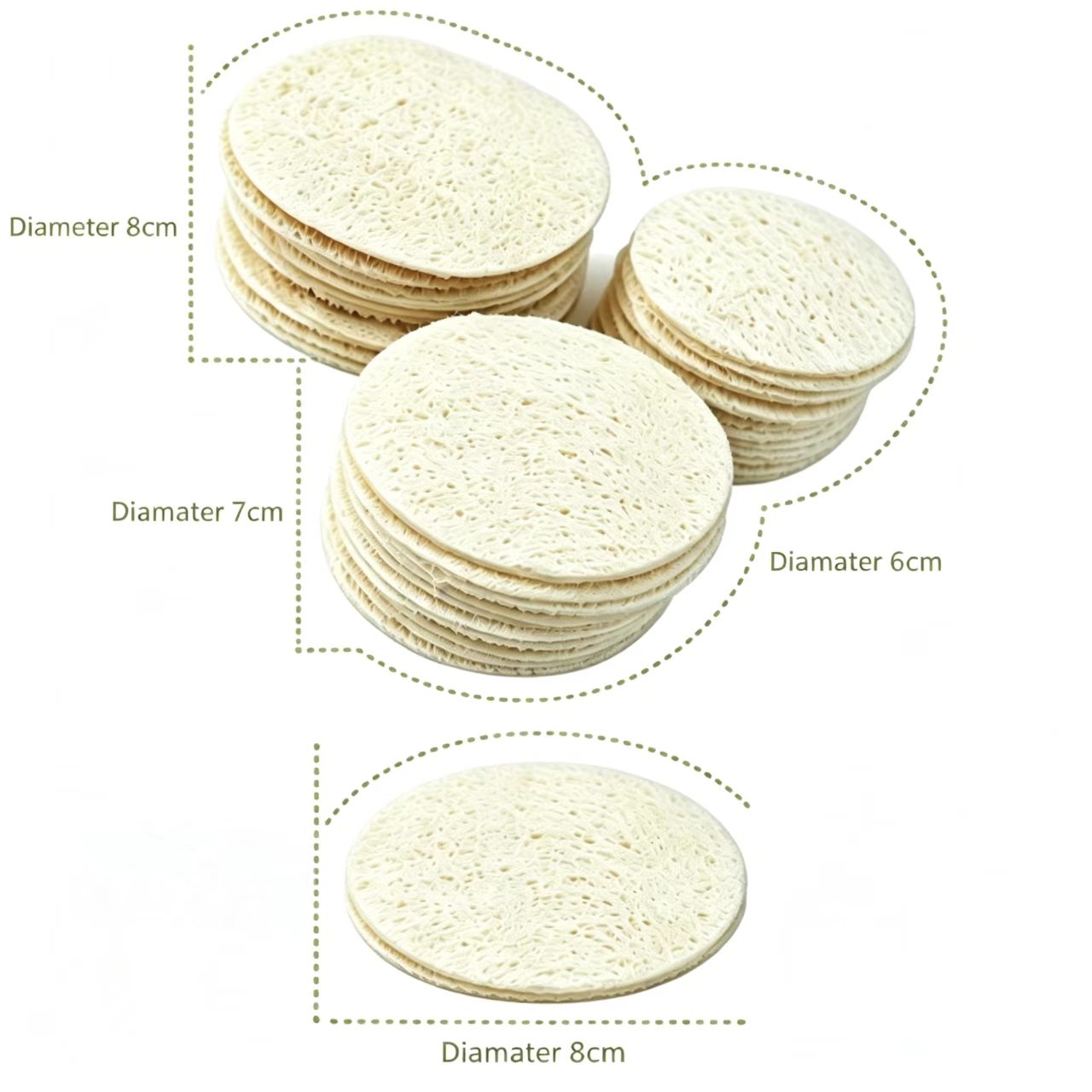 Size comparison of natural loofah facial pads, available in 6cm,7cm,8cm diameter reusable exfoliating pads