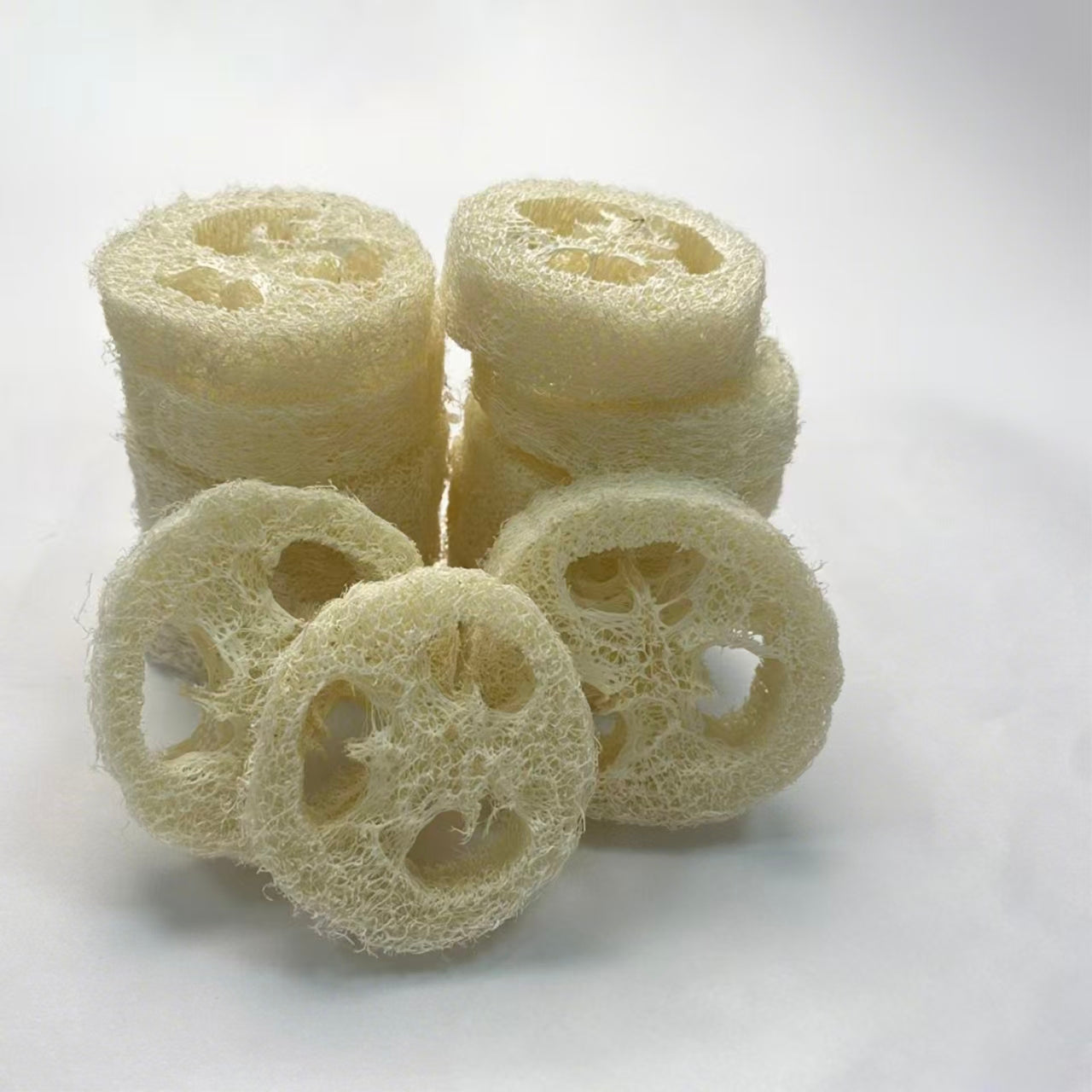 Multiple natural loofah soap saver pads, eco friendly zero waste bathroom supplies