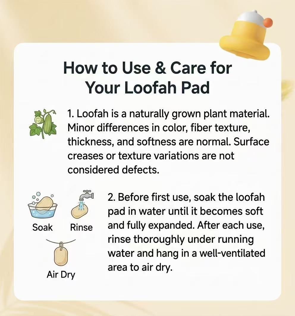 Use and care guide for natural loofah facial pad, soaking, rinsing and air drying instructions