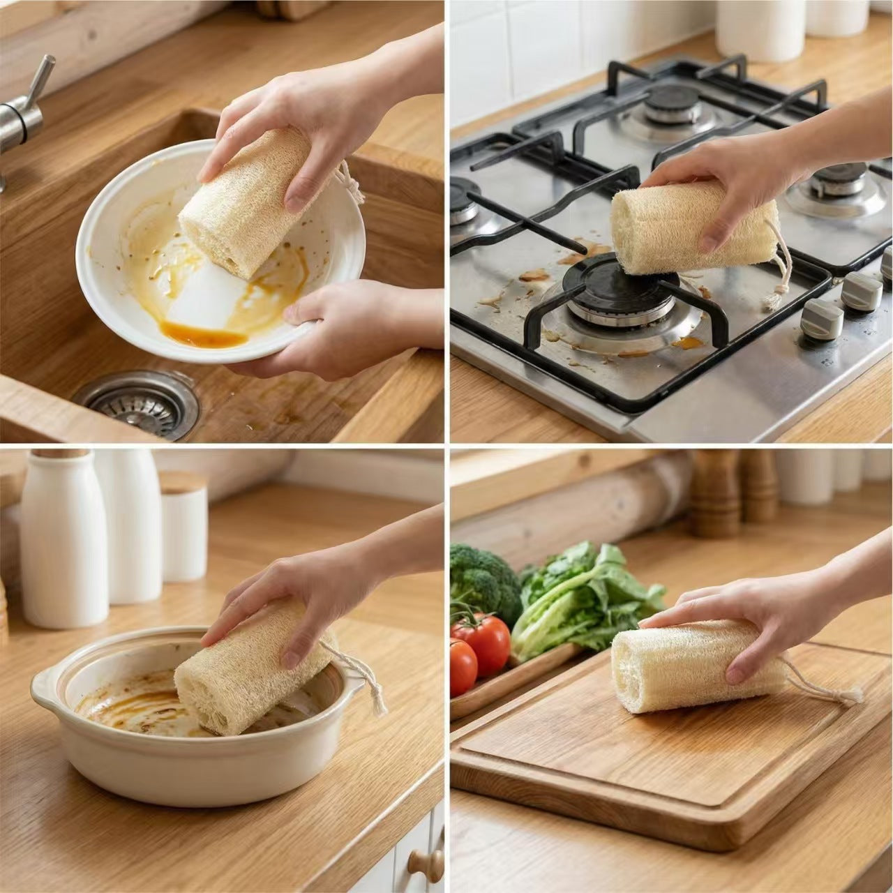 Natural loofah sponge multi-scene usage, cleaning plate, pot, cutting board in kitchen
