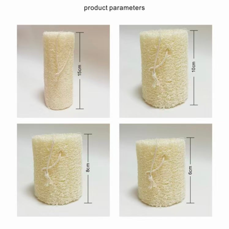 Size chart of natural loofah scrub segments, 6cm 8cm 10cm 15cm kitchen cleaning sponge dimensions
