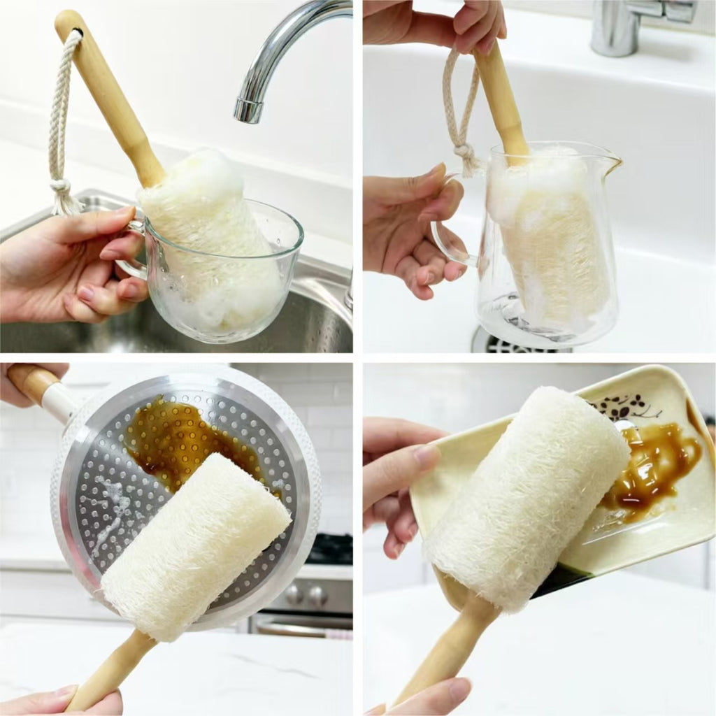 Multi-use natural loofah scrub brush for mug, pitcher, pan and tableware cleaning