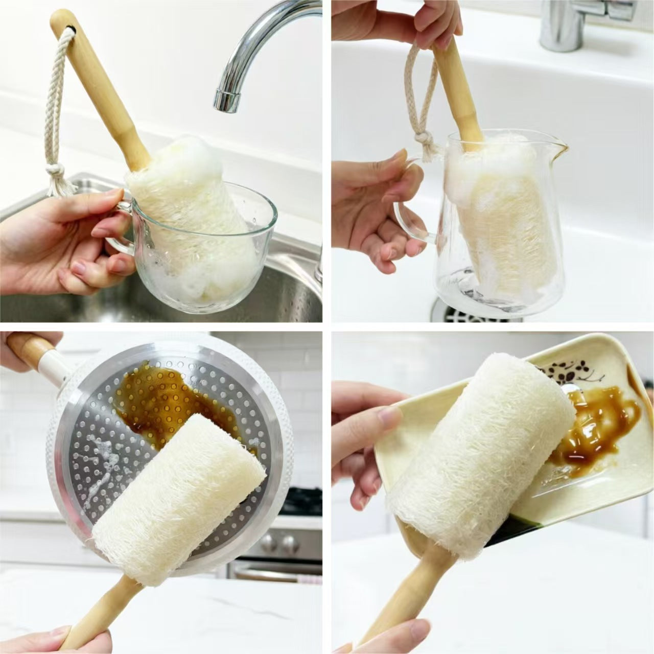 Multi-use natural loofah scrub brush for mug, pitcher, pan and tableware cleaning