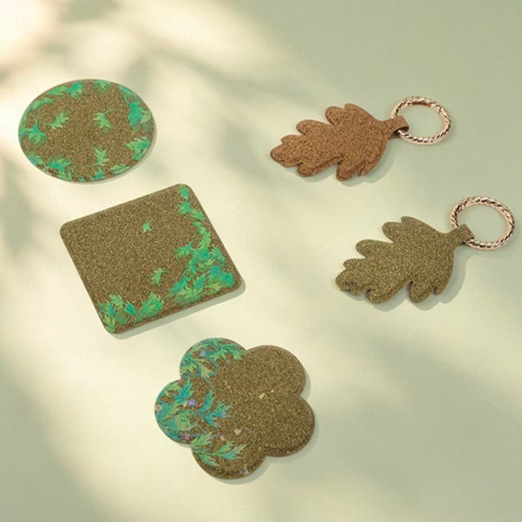 Eco mugwort fiber coasters & oak leaf keychain set, plastic-free herbal print drink mats, sustainable gift accessory