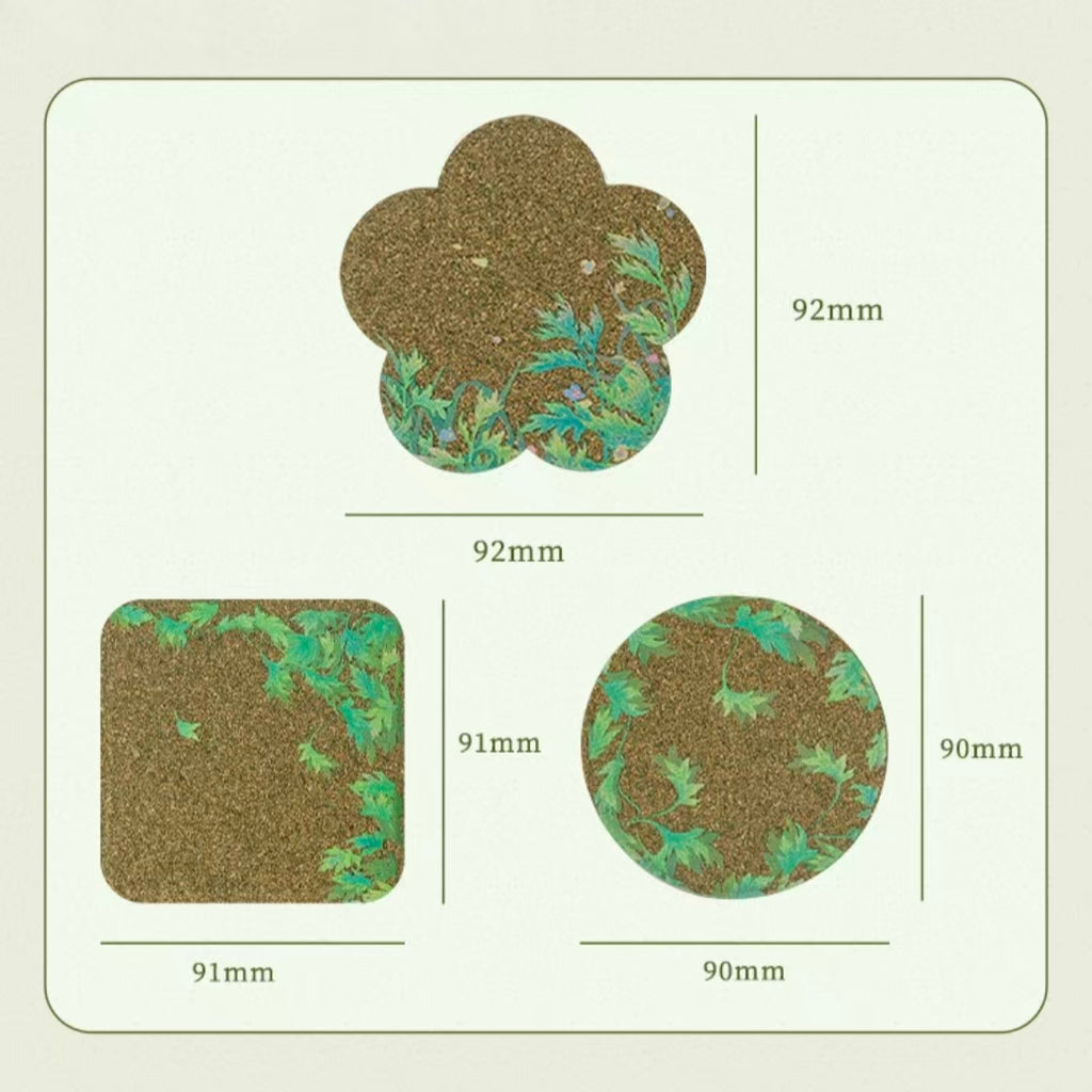 Size specification chart for mugwort fiber coasters, square round flower shape plastic-free herbal print drink mats