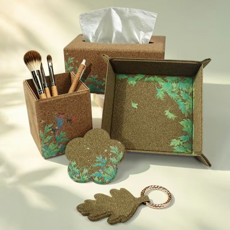 Plastic-free mugwort fiber storage set, tissue box, pen holder, foldable tray, coasters & leaf keychain, Chinese herbal print sustainable home decor