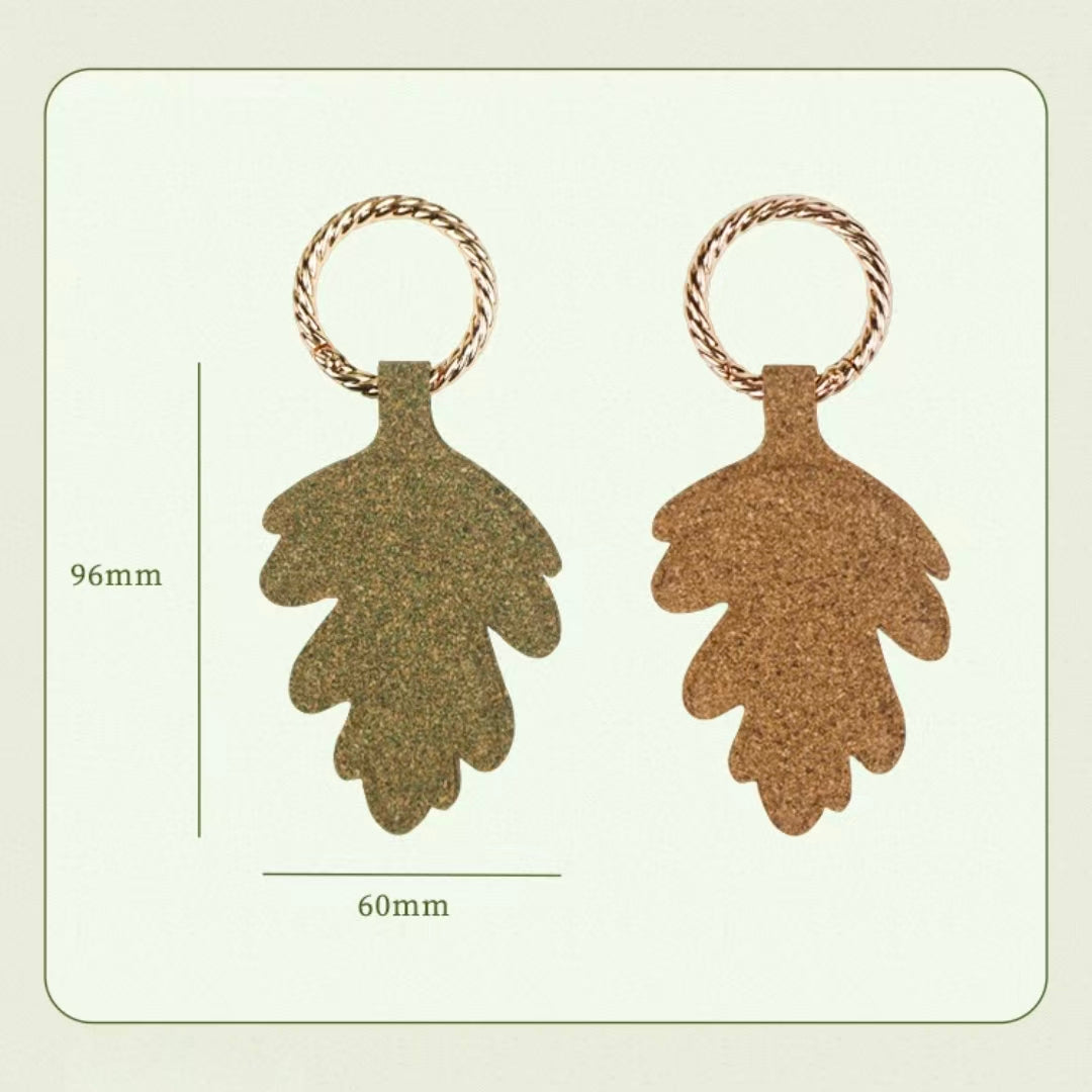 Size chart of two-tone mugwort fiber oak leaf keychain, plastic-free non-toxic herbal print bag pendant, sustainable eco accessory gift